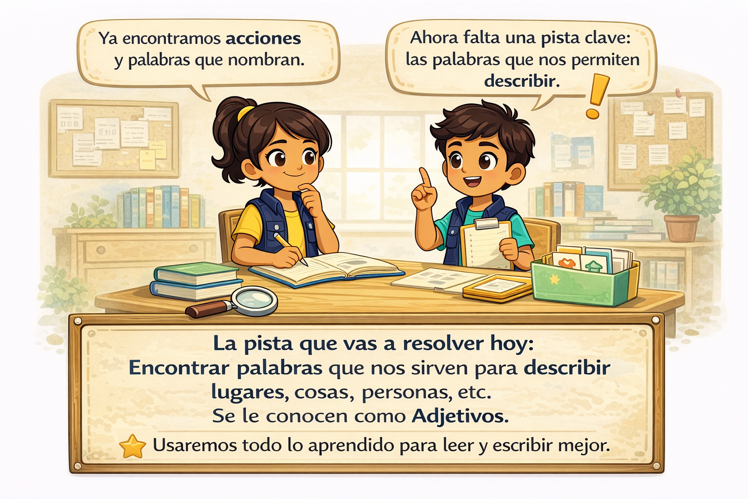 Sara y Tomás descubren palabras que describen