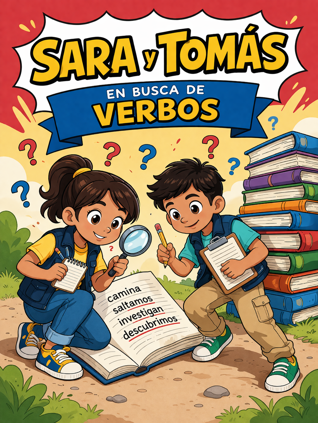 Sara y Tomás buscan verbos en un libro